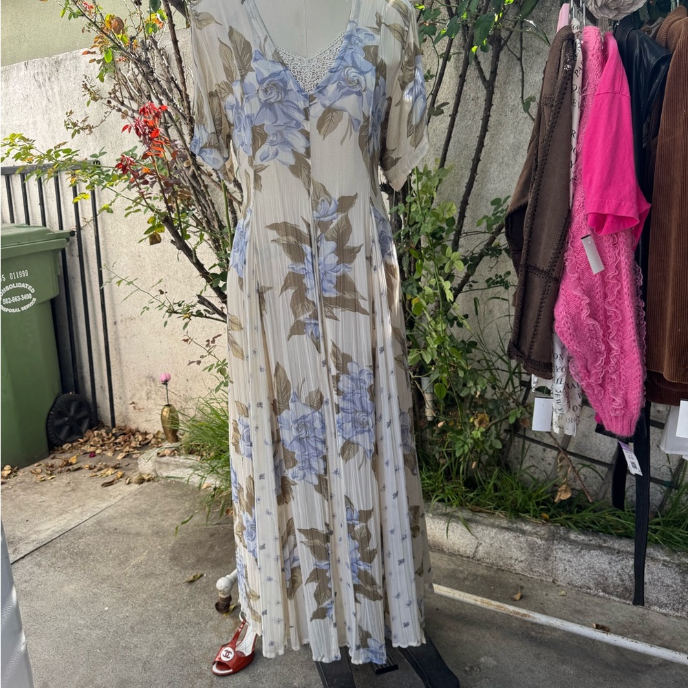 Vintage Cream Maxi Dress with Blue Floral Print